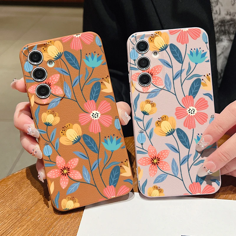 Handmade Flowers Case For Samsung Galaxy A55 A54 A53 A52 A16 A15 A14 A35 A34 A25 5G S20 FE S21 S22 S23 S24 Ultra Leather Texture