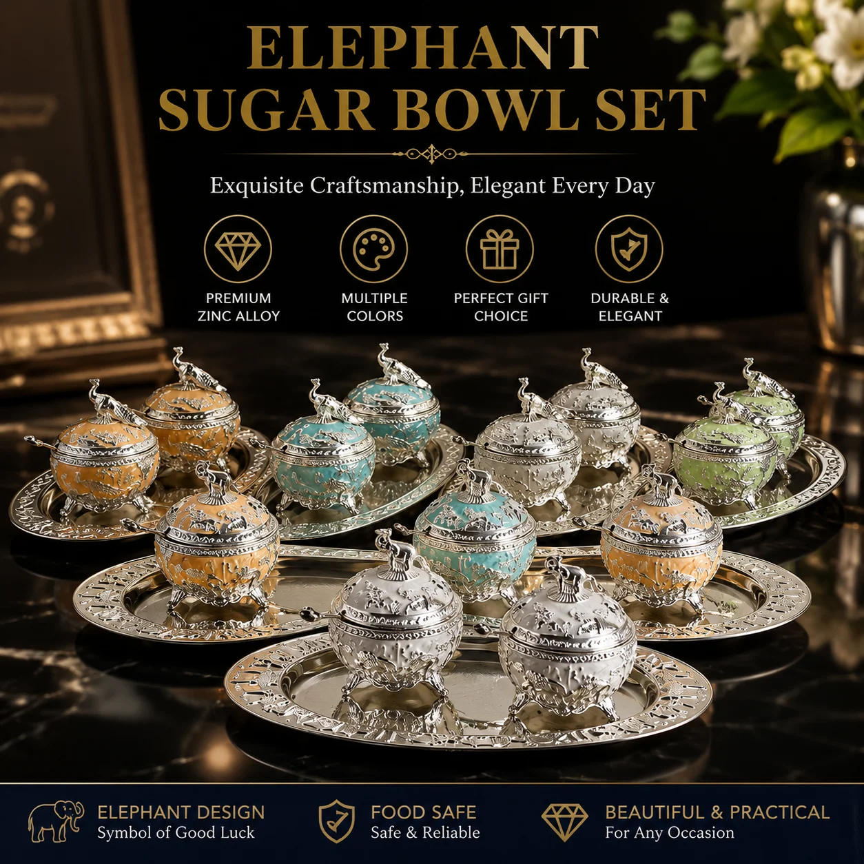 

Zinc Alloy Elephant Sugar Bowl Set with Spoon Tray Metal Condiment Jar Vintage Kitchen Dining Decor Tableware