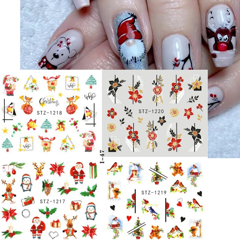 4pcs Xmas Nail Stickers Snowflake Bird Penguin Santa Elk Flower Sliders For Summer New Year Design Water Transfer Decor SLI44-49