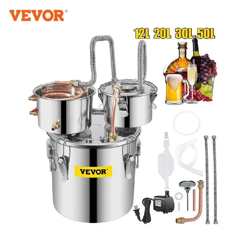 VEVOR-Destilador de cerveza de Alcohol, aparato de bricolaje Moonshine, acero inoxidable, Whisky, cerveza, Brandy, electrodoméstico, 12L, 20L, 30L,