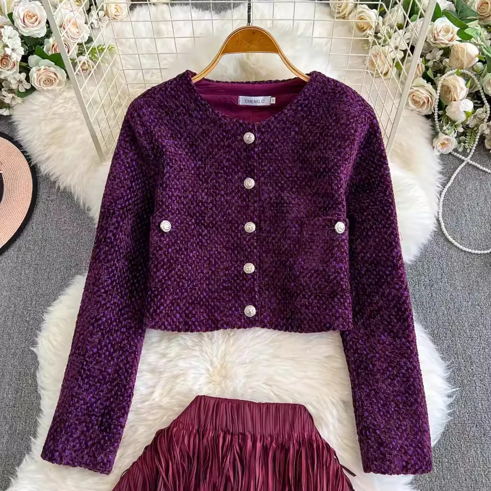 French High Quality Winter Party 2 Piece Set Women Single Breasted Tweed Purple Short Coat+Miyake Pleated Tassel Midi Skirt Suit