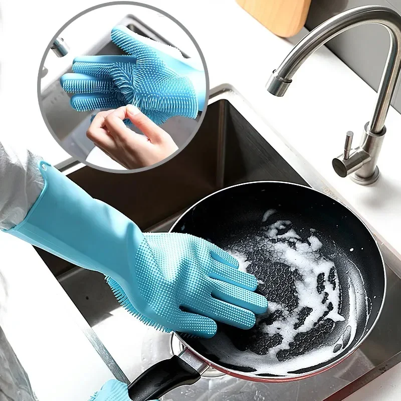 Dishwashing Cleaning Gloves Silicone Rubber Dish Washing Gloves for Household Sponge Scrubber Pet Grooming Cleaning Gloves