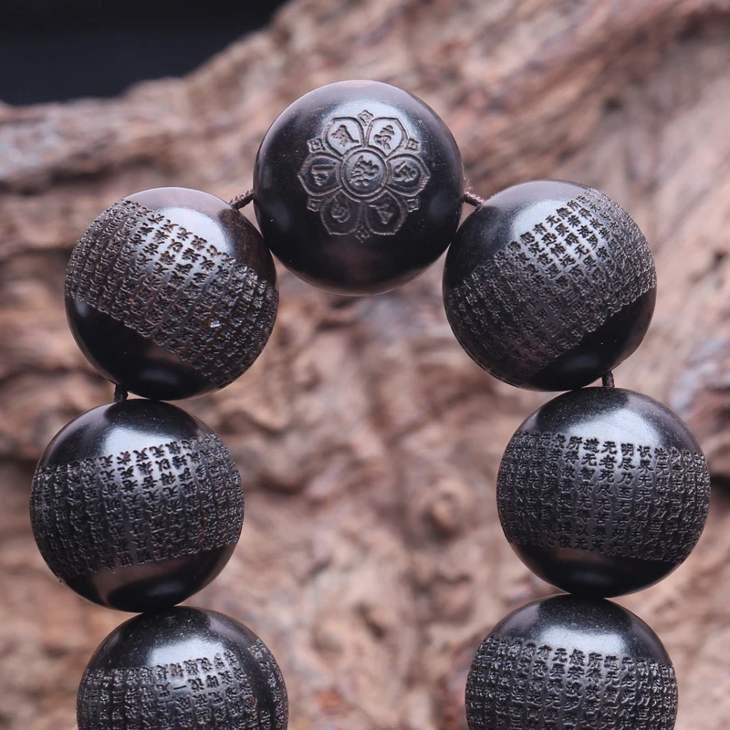 Echte natürliche schwarze Holzperlen aus tibetischem Ebenholz, 20 mm mm, Gebetsmühle, Armband für Herren, klassisch – Detail 6