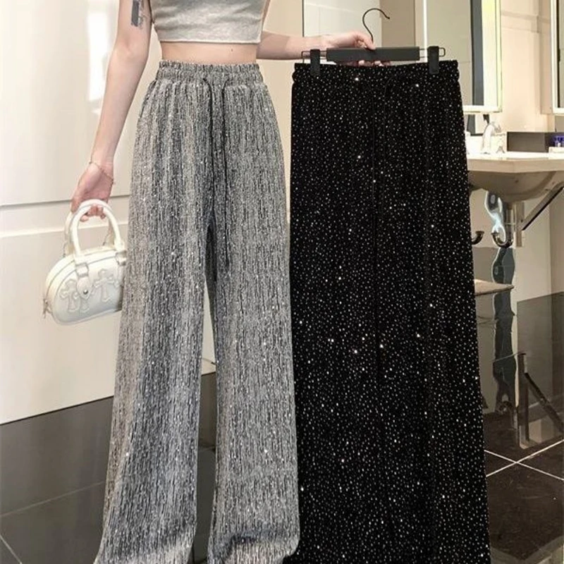 Bright Crystal Diamond  Party Club Hotsweet Straight Hiphop Trousers Summer Y2K Trend Casual Elegant Women Vintage Wide Leg Pant