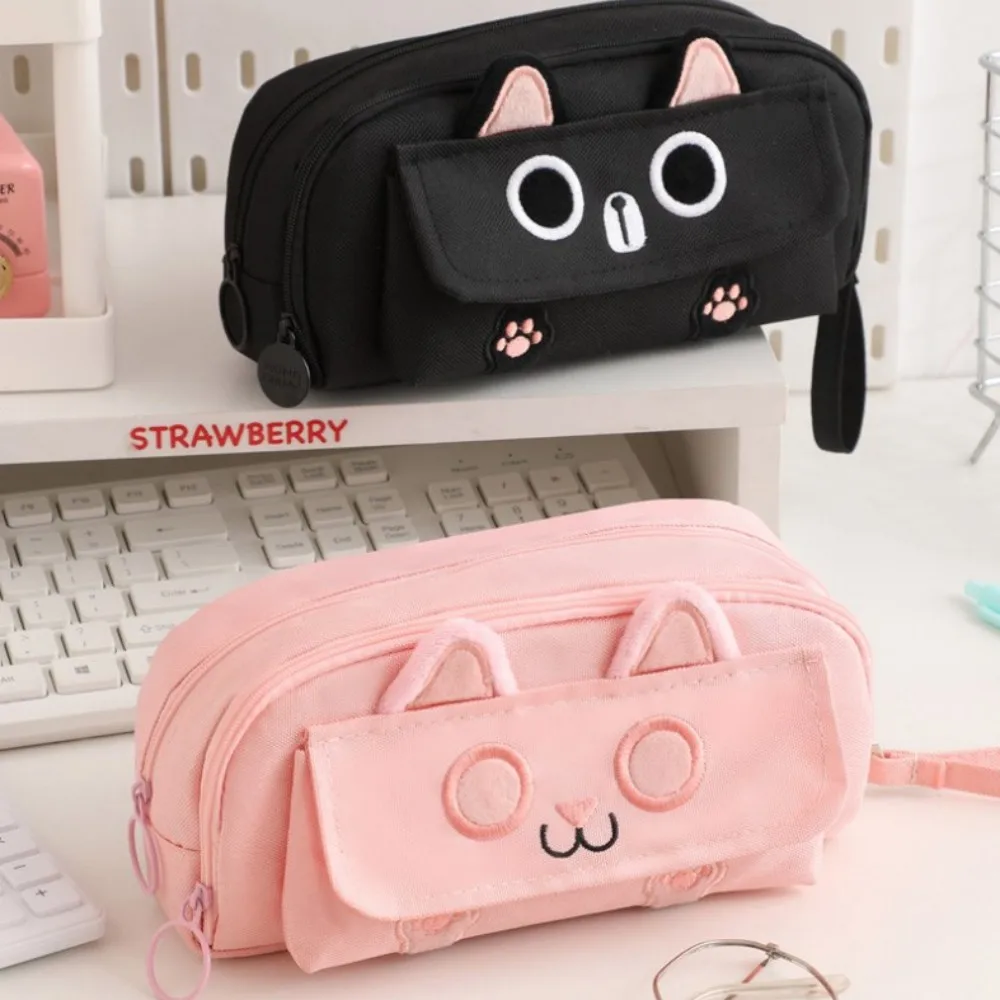 Multi-Layer Large Capacity Pencil Case With Compartment Black Cat Pencil Bag Stationery Storage Pen Box School Student Supplies