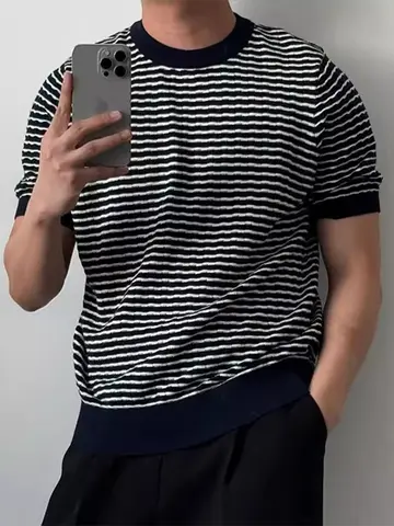 빈티지 스트라이프 니트 티셔츠 남성 여름 캐주얼 통기성 슬림 반팔 티 남성 패션 O넥 니트 풀오버 탑