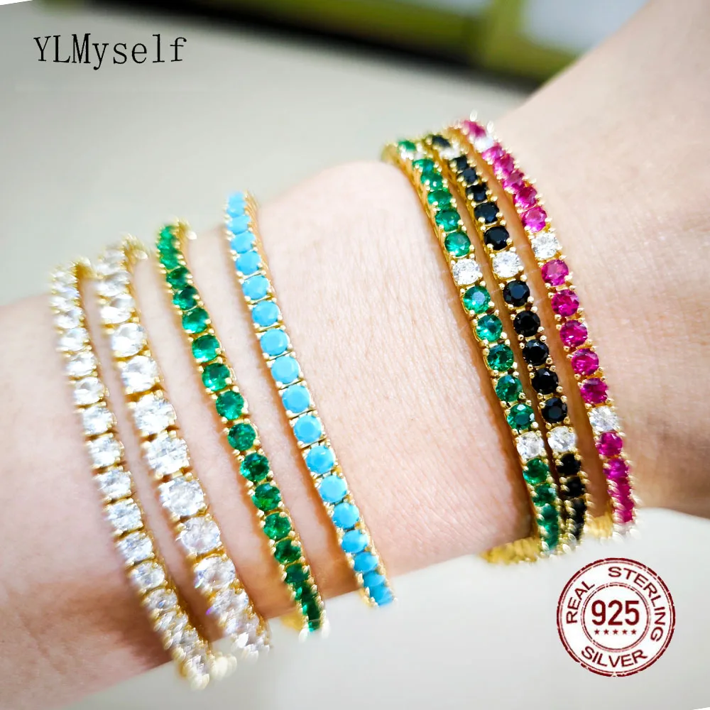 

925 Silver Tennis Bracelet – 3mm Montana Blue, Emerald Green, Ruby Red, Turquoise, Black, White CZ, Gold Plated Fine Jewelry