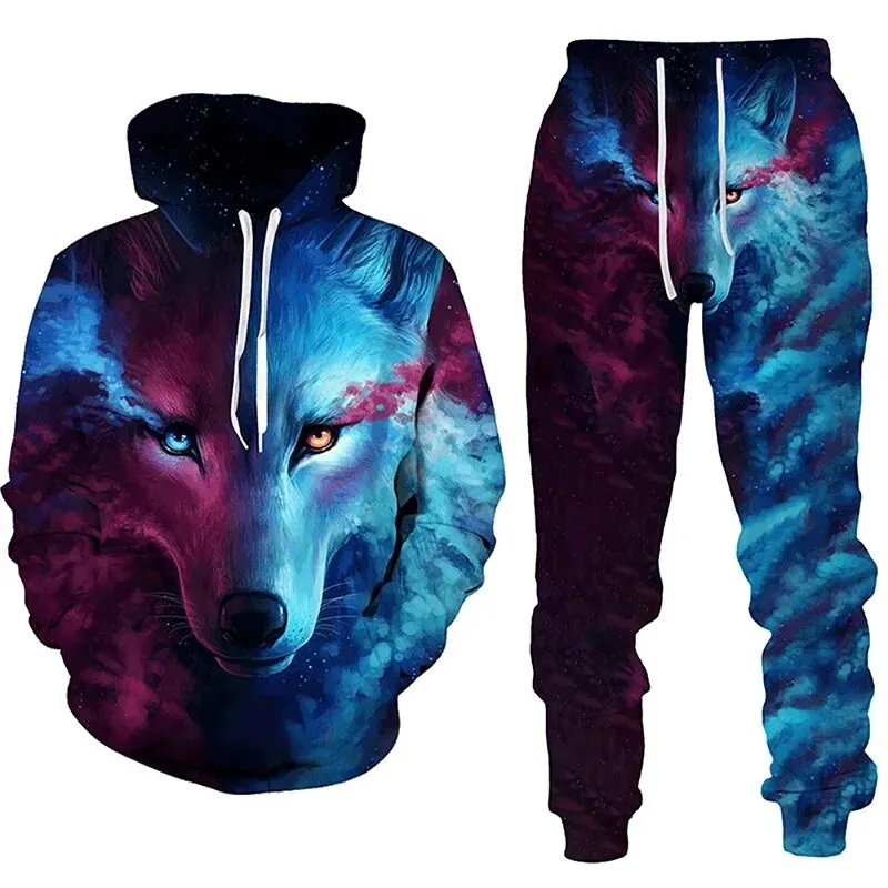 Fashion Wolf Hoodie 3D Printed Hoodie Suit Male Autumn Winter Casual Hooded Sweatshirt Sweatpants Tracksuits 2pc Set Sport Suit