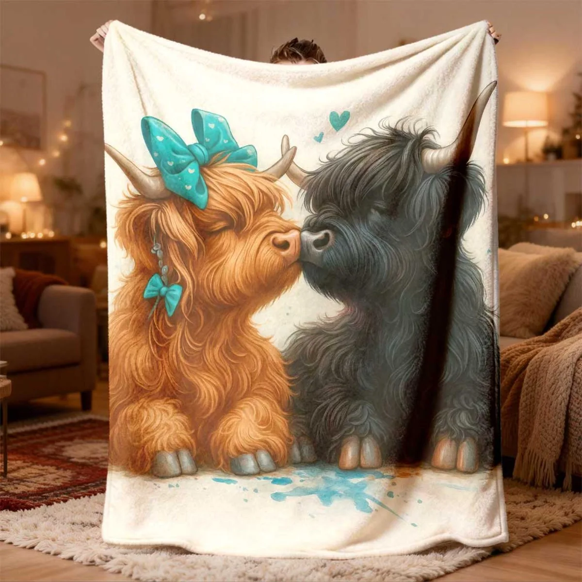 Adorable Highland Cow Couple Print Blanket Throw for Sofa Living Room Decor Cozy Farm Animal Style 150x200cm Gift