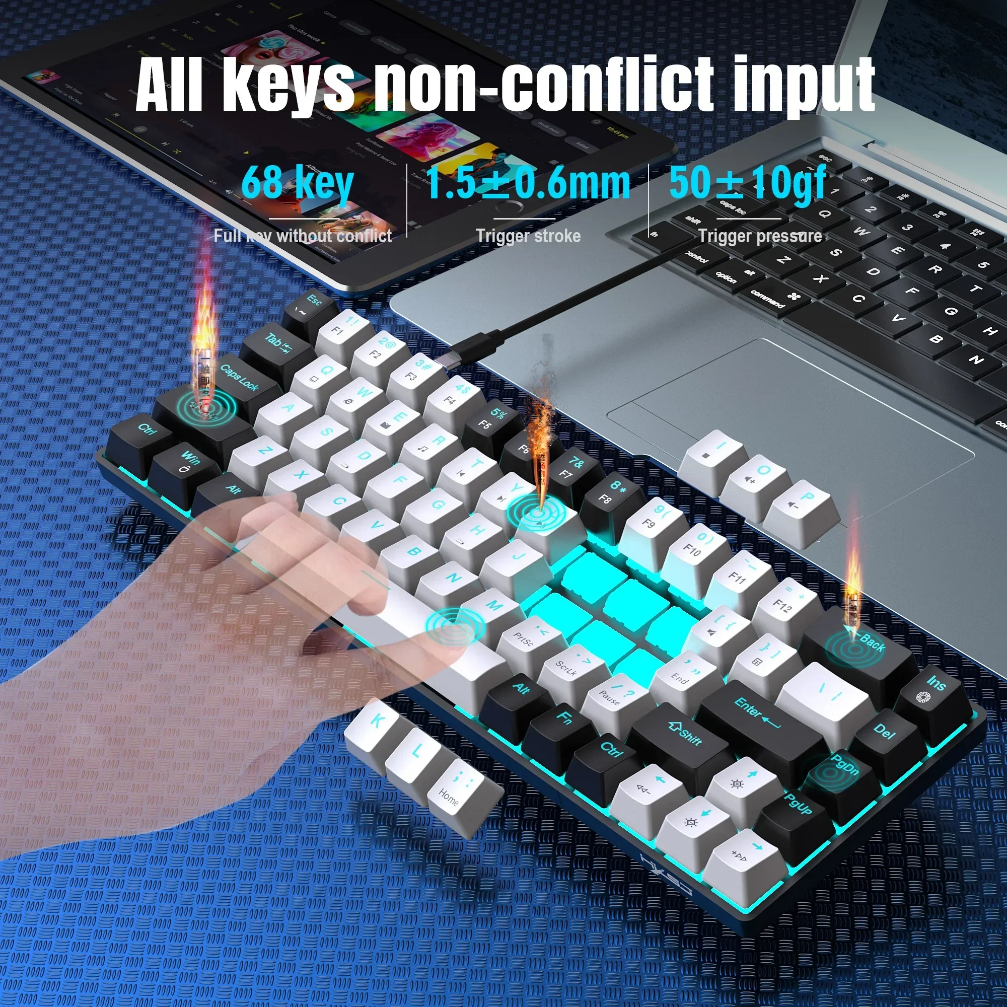 Imagem -06 - Teclado Mecânico de 68 Teclas Ergonomia Rgb Retroiluminado Led Troca Quente Interruptor Azul Teclado para Jogos pc Laptop Escritório