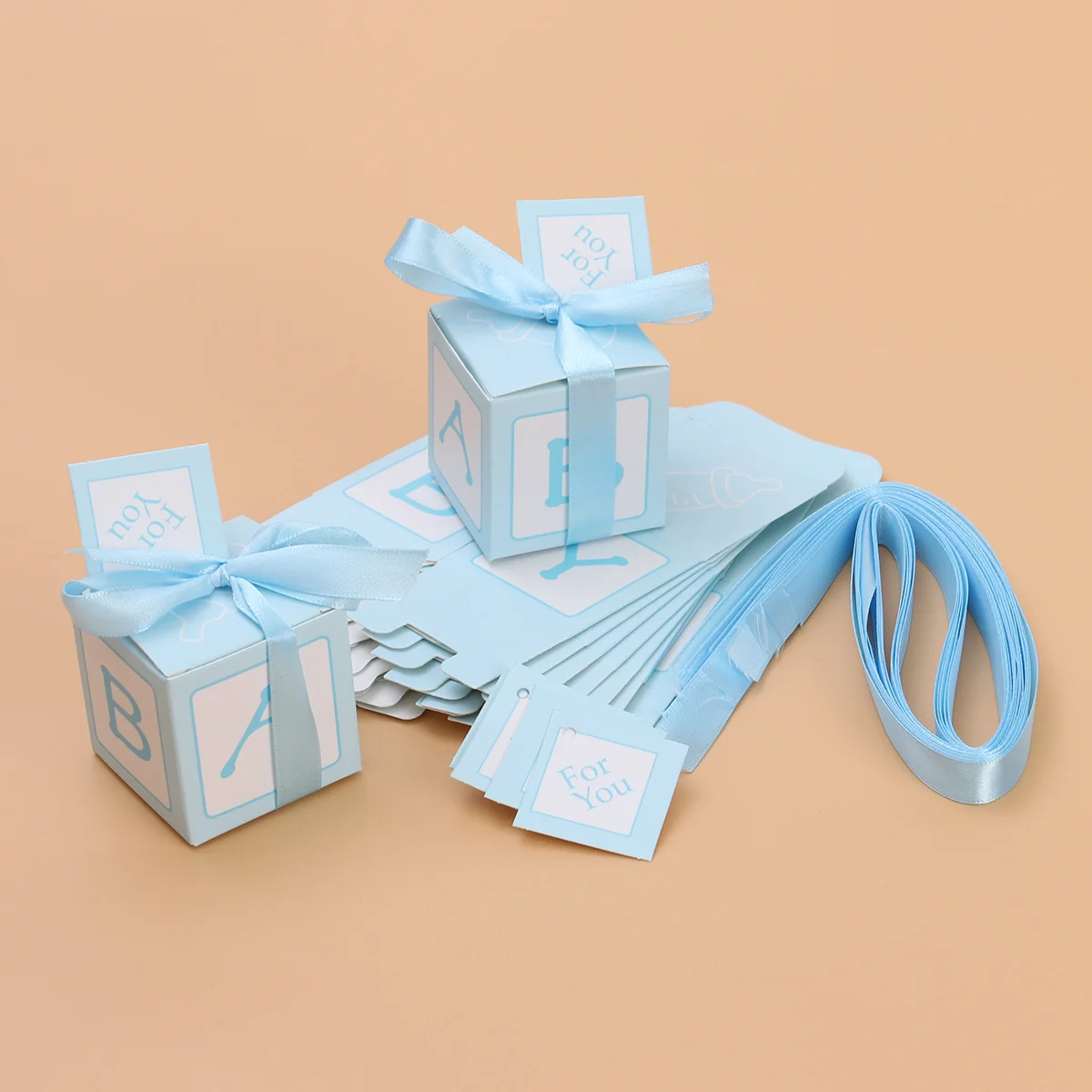 12pcs Wedding Baby Shower Candy Boxes Printed Boxes with Stitched Ribbon and Cards Decent Chocolate Treat Boxes(Blue)