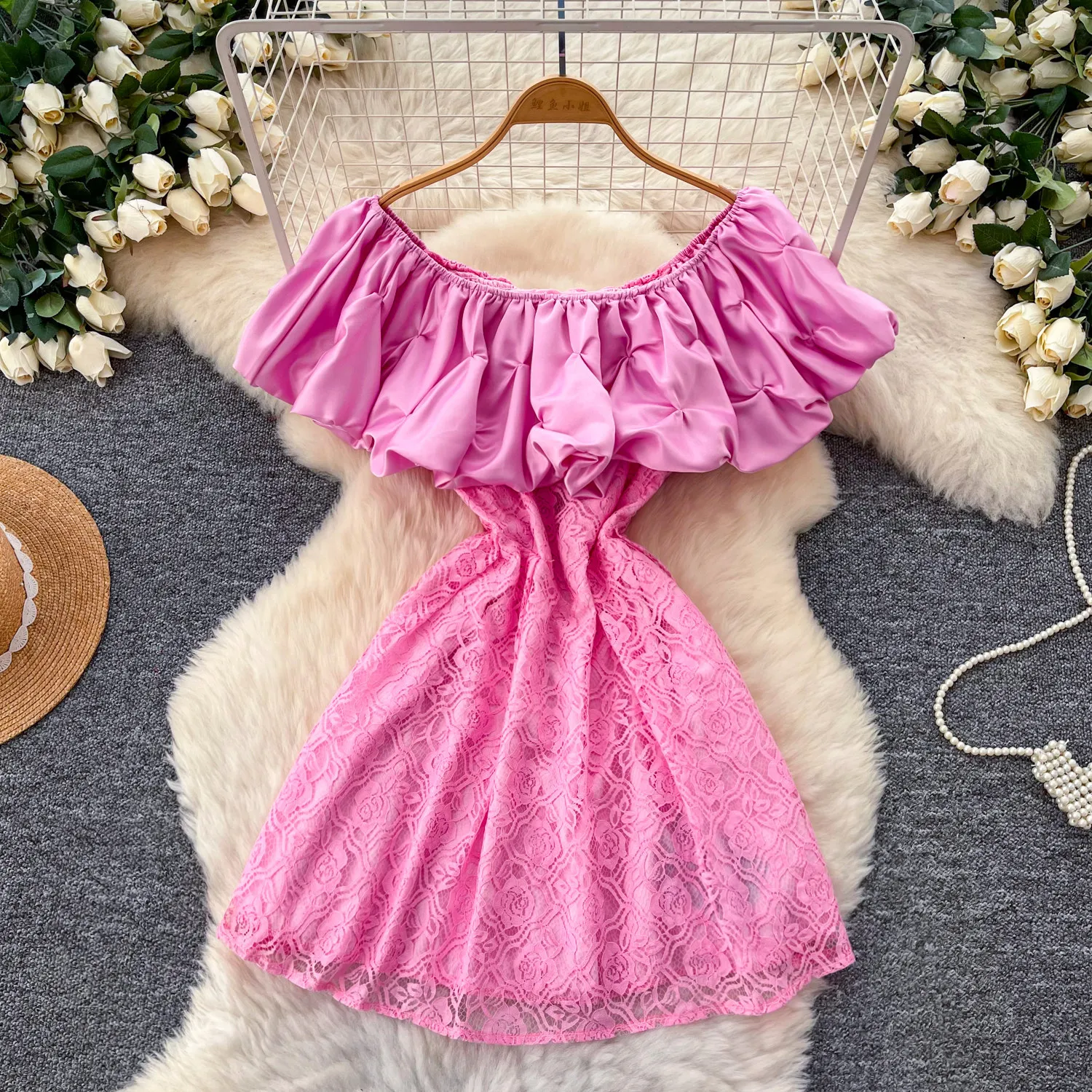 

Women Dresses Lace Dress A Line Solid Spliced Slash Neck Short Sleeves Mini Length Empire Waist Slim Casual Elegant 2026 Summer