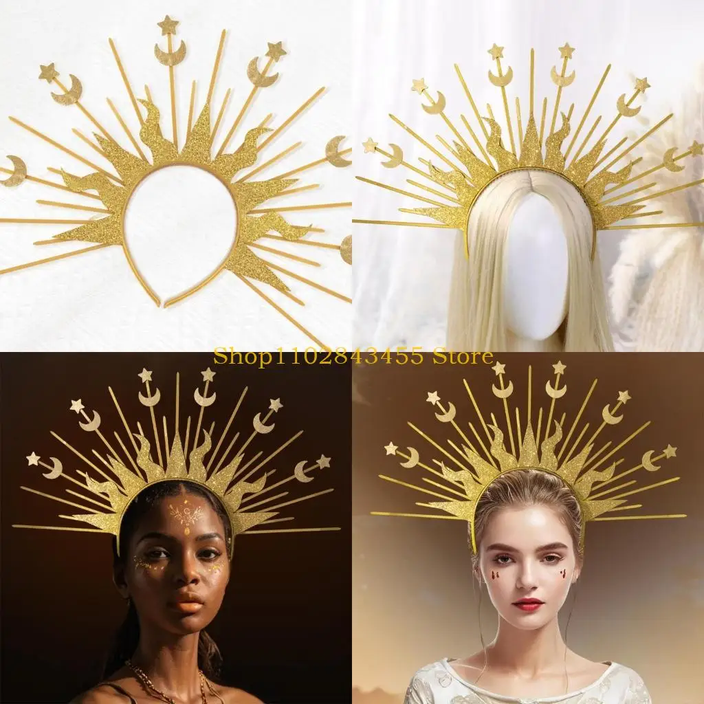 

49MC Spiked Crown Headband for Women Wedding Headband Moon Star Hairband Baroque Tiaras Headwear Theme Party Props Supply