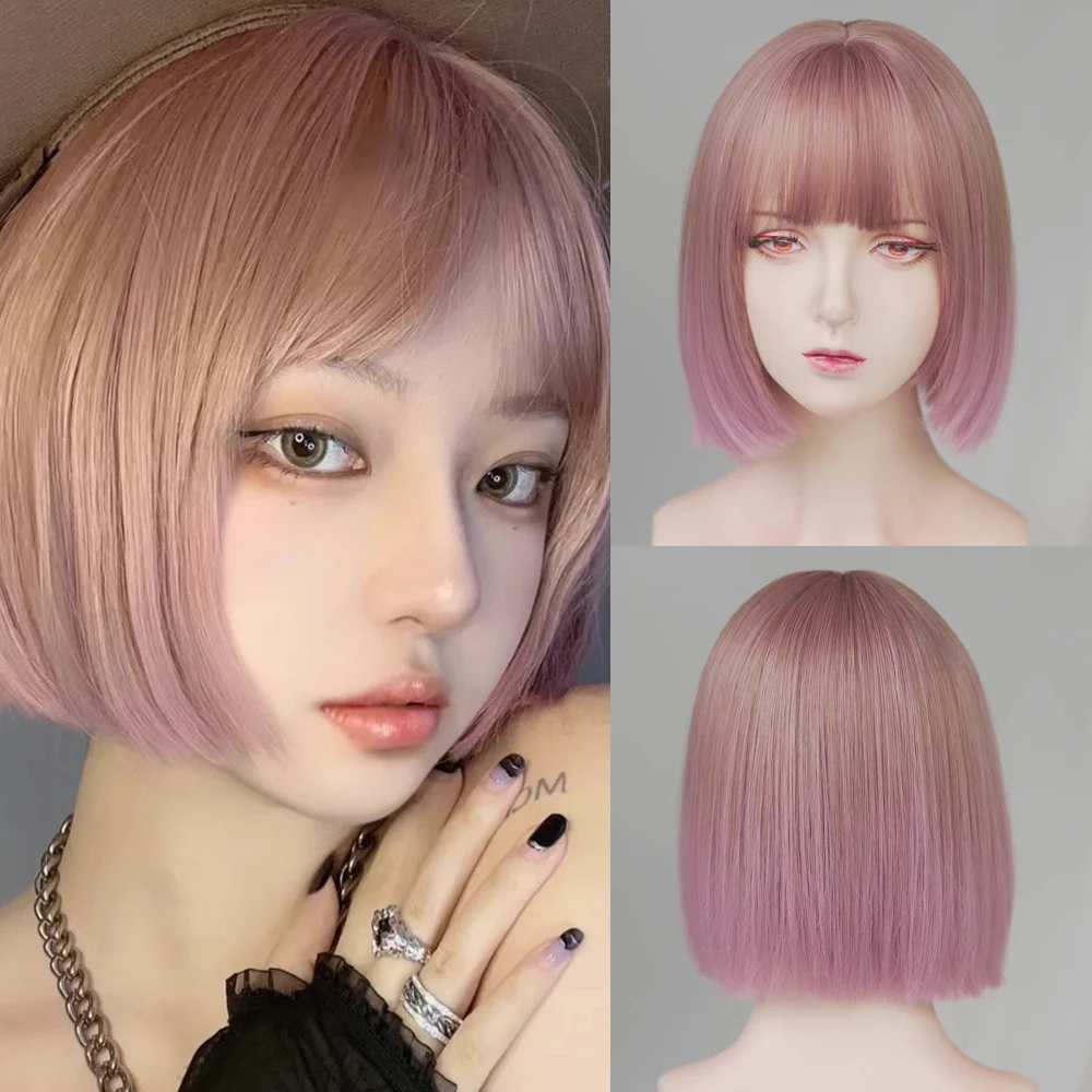 Synthetische kurze gerade Bob Perücke Lolita Cosplay natürliche rot rosa schwarz braun Frauen Haar Perücke mit Pony für die tägliche Party