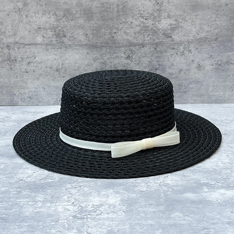 

Черная панама с плоским верхом и широкими полями Boater Hat Полая стильная шляпа от солнца с бантом Летняя шляпа Fedora Праздничная пляжная шляпа дерби Лляная шляпа