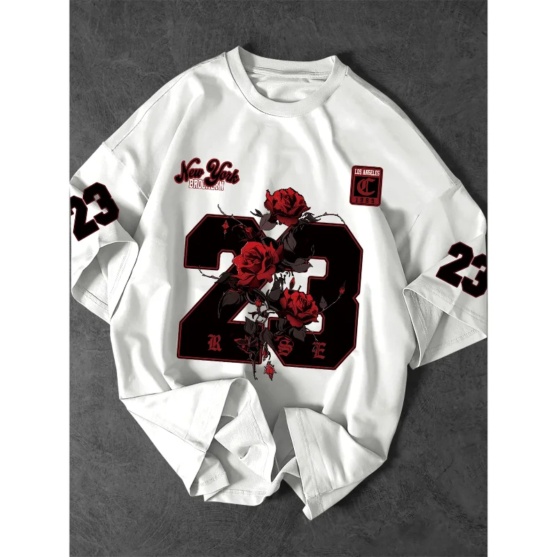 Unisex 23 Red Rose New York Brooklyn Print T Shirt Vintage Short Sleeve Tee Gothic Varsity Streetwear Men Women Casual Tops