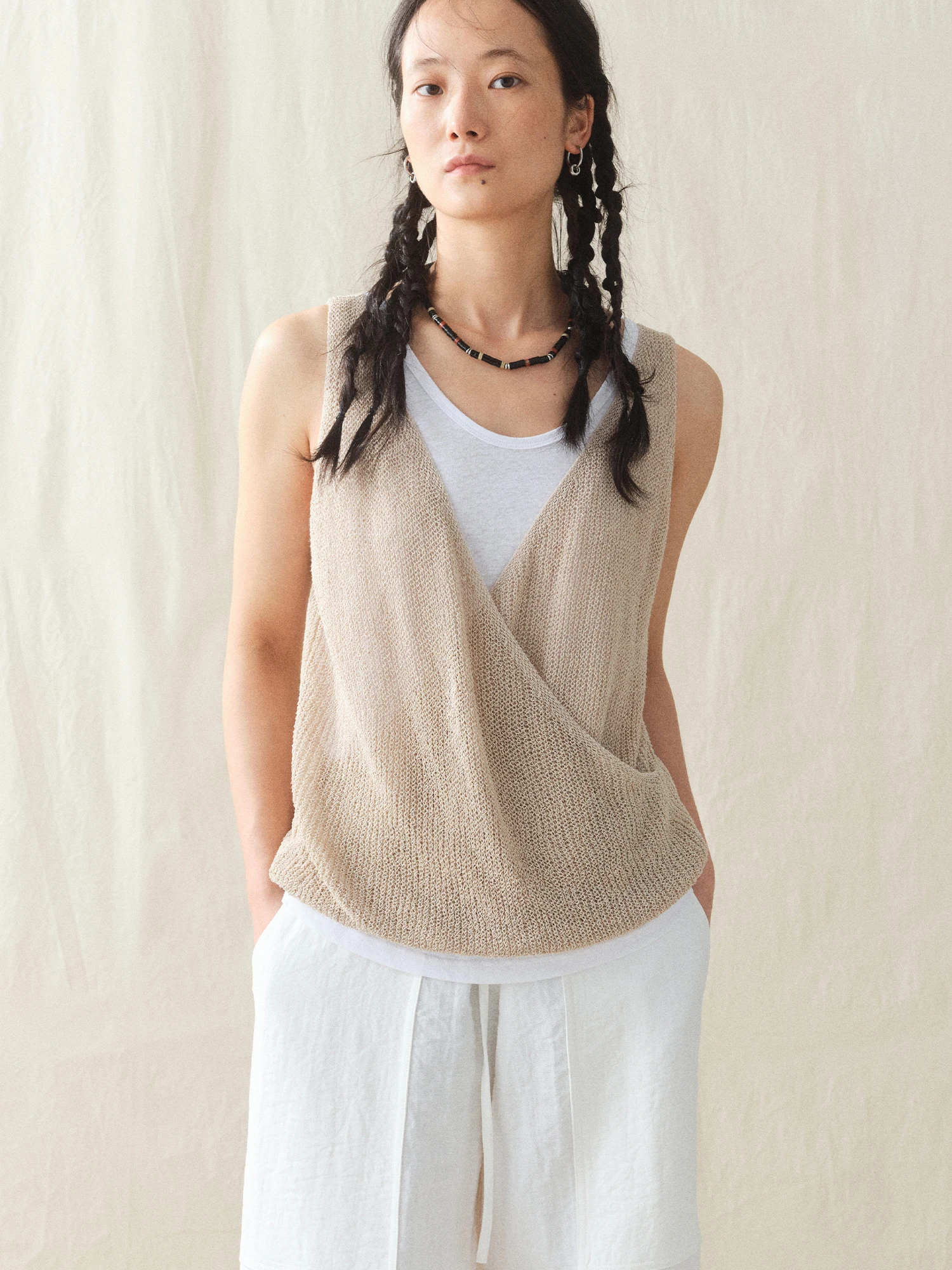 

Женский летний топ свободного кроя с V-образным вырезом, ажурной вязкой, из хлопка и льна, в стиле пэчворк, H-образный силуэт