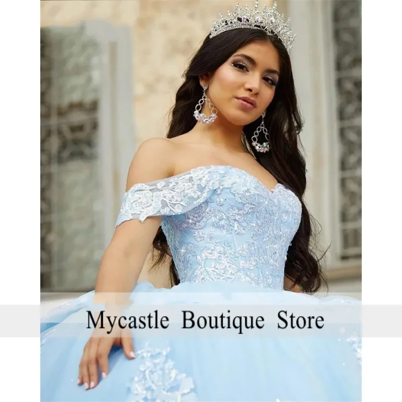 فساتين Quinceanera باللون الأزرق السماوي 2022 بدون أكتاف مزينة بالخرز الحلو 16 فستان Vestidos De 15 anos