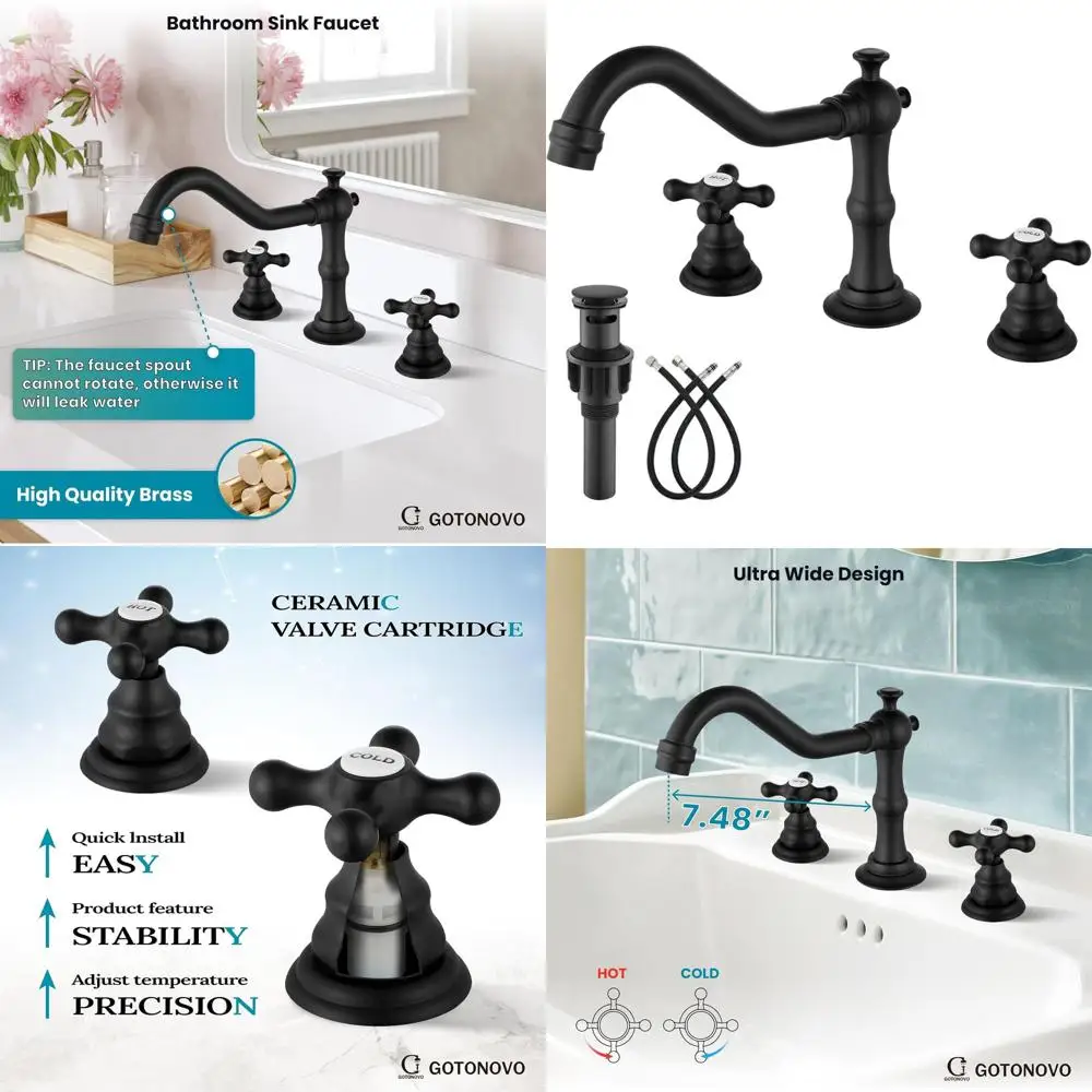 

8 Widespread Vintage Matte Black Bathroom Sink Faucet with Pop-Up Drain and Cross Handles