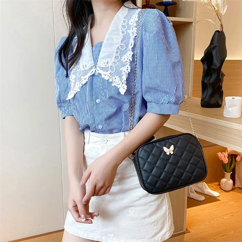 Women Small PU Leather Lingge Embroidery Crossbody Bag Causal Chain Shoulder Bag Fashion Luxury Brand Leather Purse