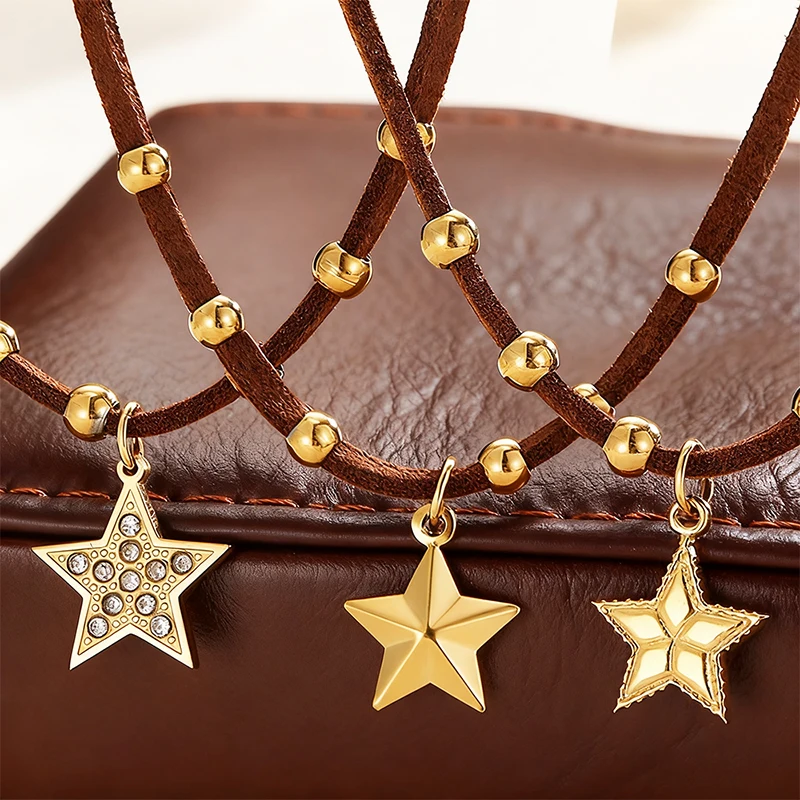 Letdiffery Pentagram Zircon Necklace Women's Vintage Leather Bead Chain Stainless steel Pendant Choker Fashion Jewelry for Women