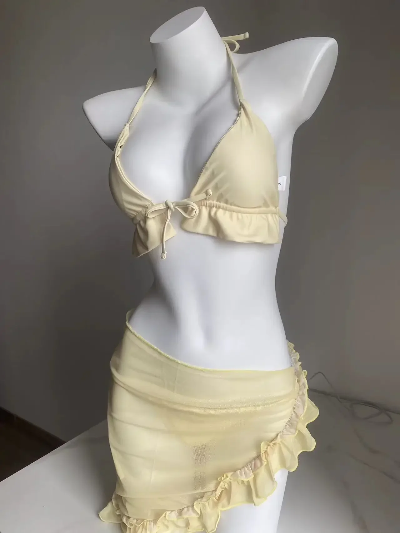 Lady's Summer New Yellow Lilac Bikini 3 PCS Swimsuit with Mesh Short Beach Sarong Swimwear Biquini Beachwear Outfit