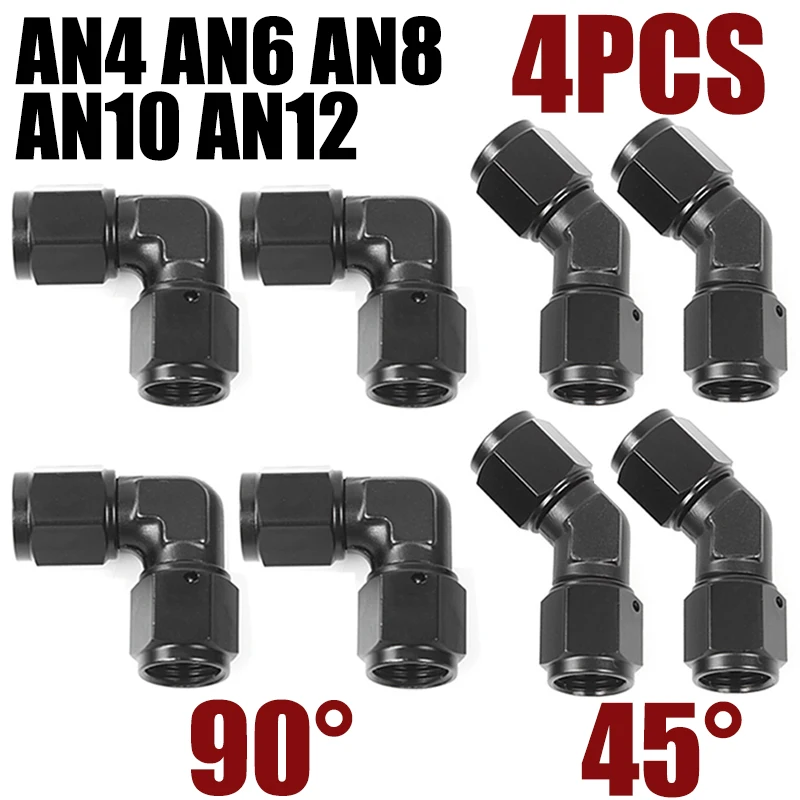 4X AN4 AN6 AN8 AN10 AN12 Female Thread To Hose End Pipe Adapters for Braided Line 45 90 Degree Swivel Elbow Hose Fittings Black