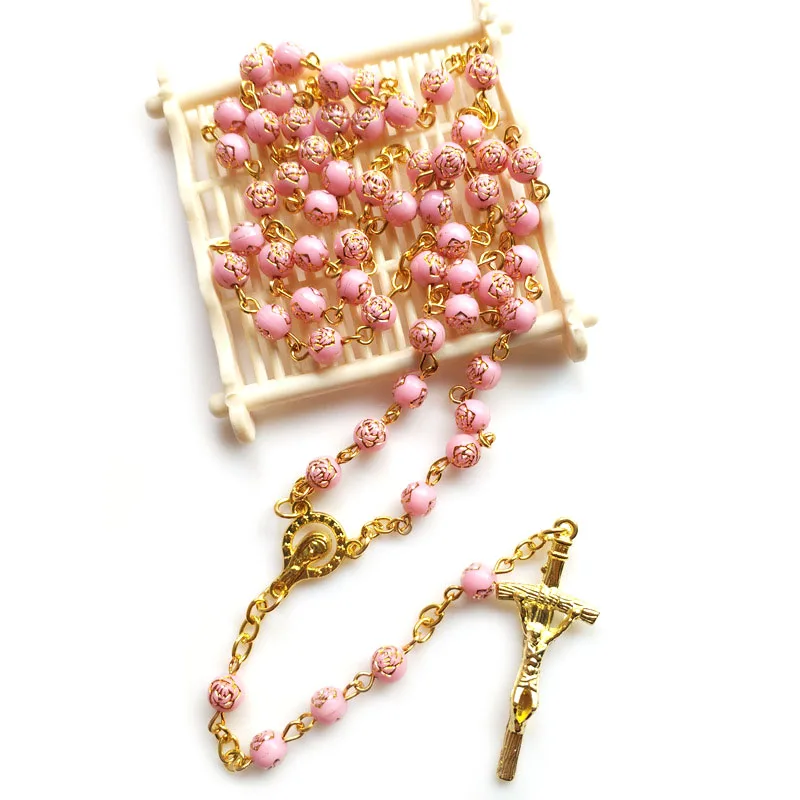 QIGO Rosa cuentas de plástico Rosario crucifijo colgante collar largo religioso oración joyería