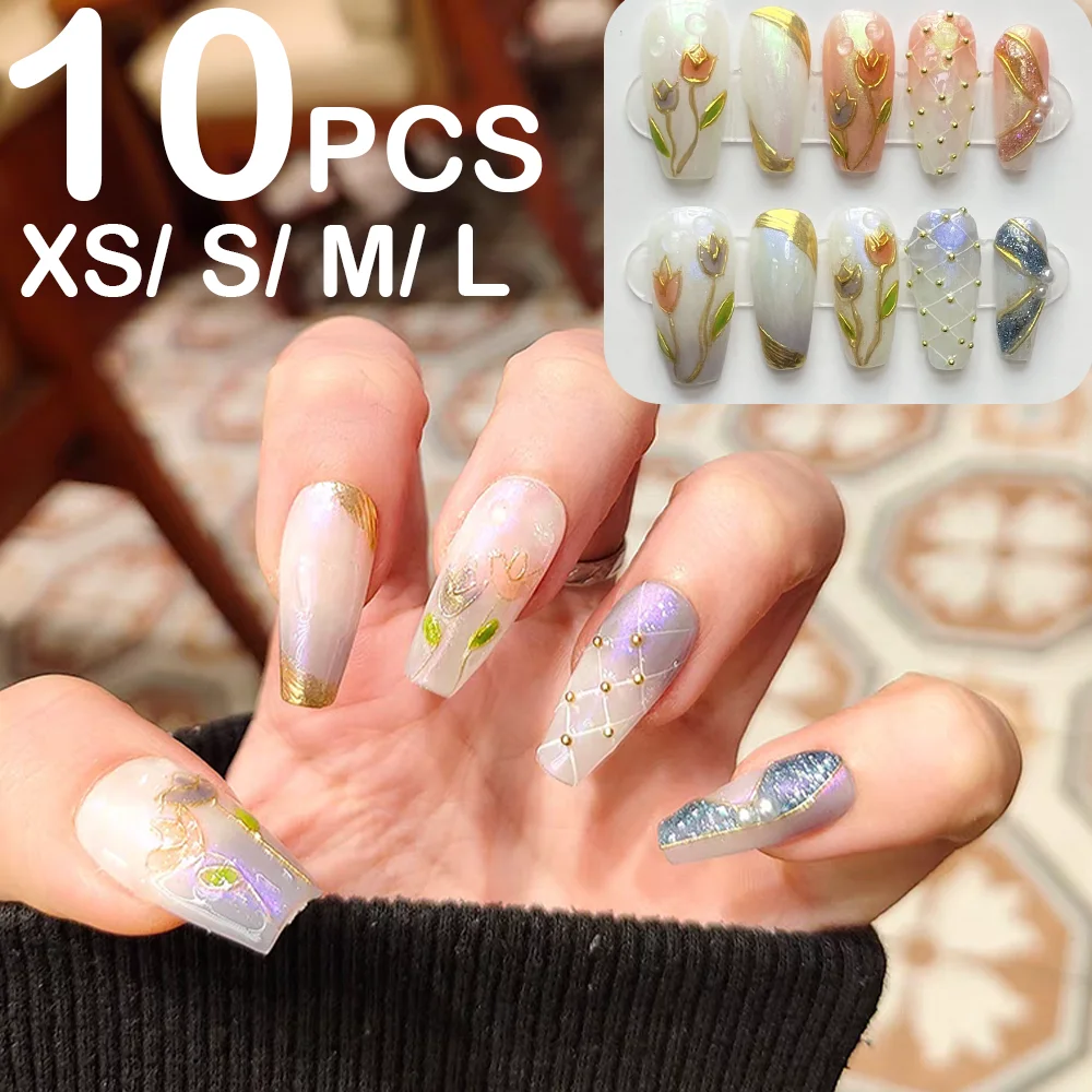 

10Pcs Handmade Tulip Press On Nails Mid Long Coffin Stereoscopic False Nails Steel Balls With Purple Smudge