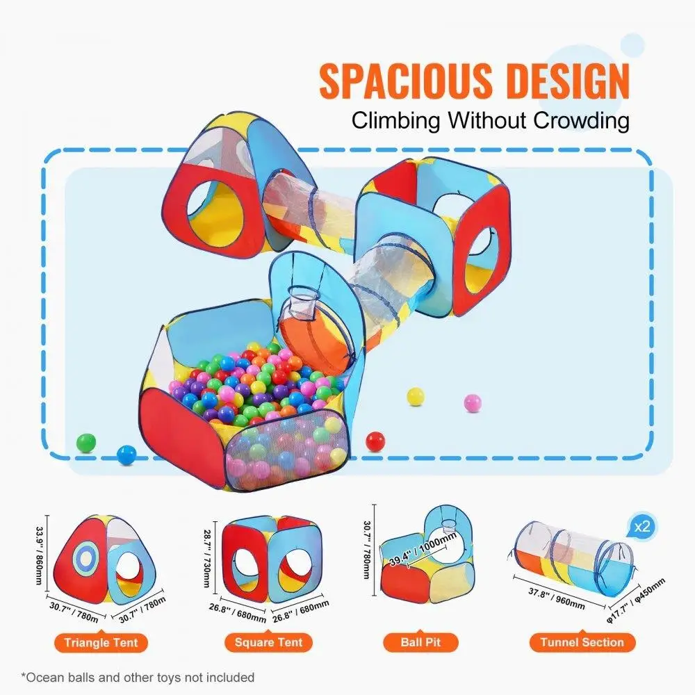 Kolorowy, rozkładany domek do zabawy sportowej z tunelami i koszykiem do koszykówki dla maluchów, namiot do zabawy do użytku wewnątrz i na zewnątrz.