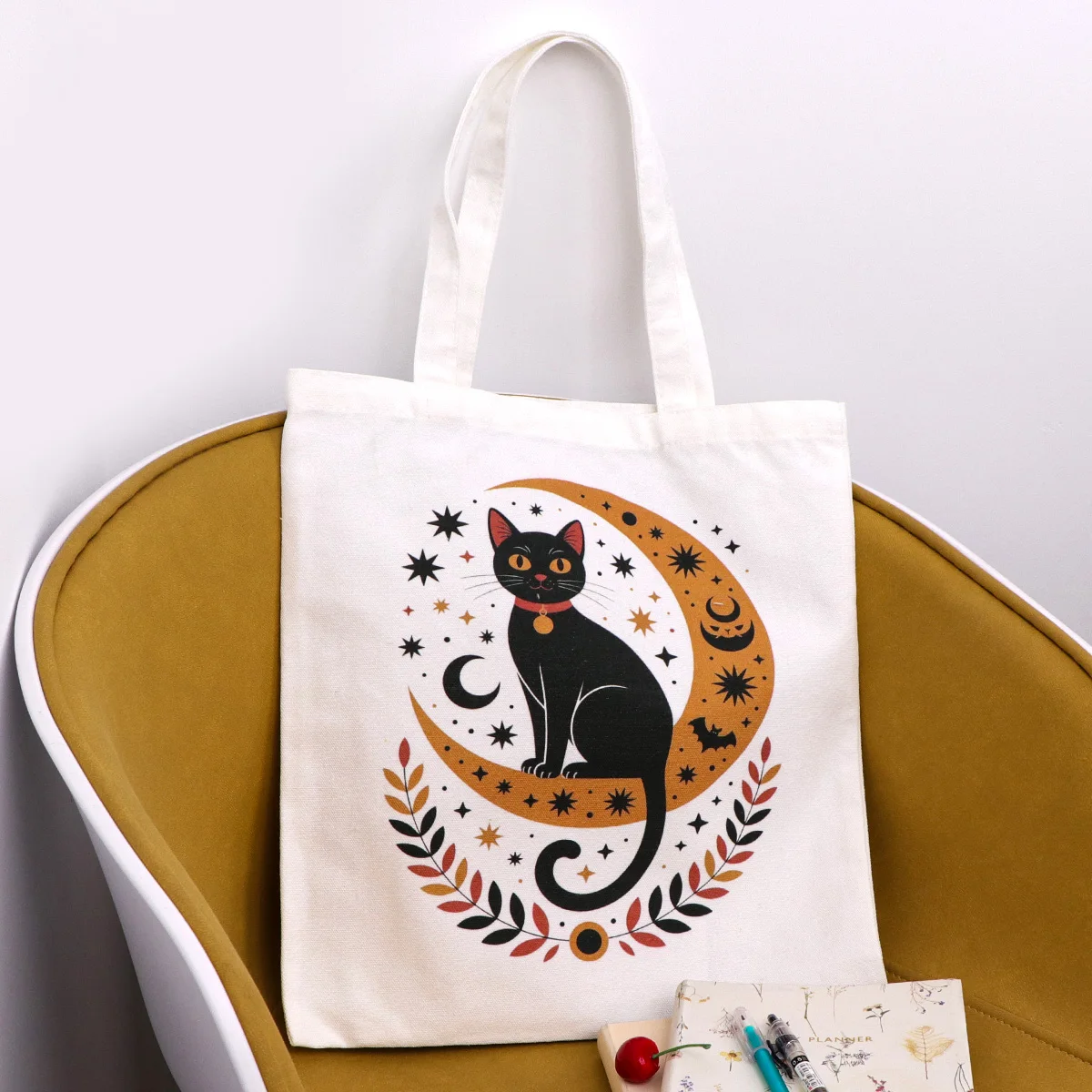 

Black Cat & Moon Fashion Canvas Tote Bag Shopping Bag Women's Handbag Casual Foldable Shoulder Bag School Handbag Gift