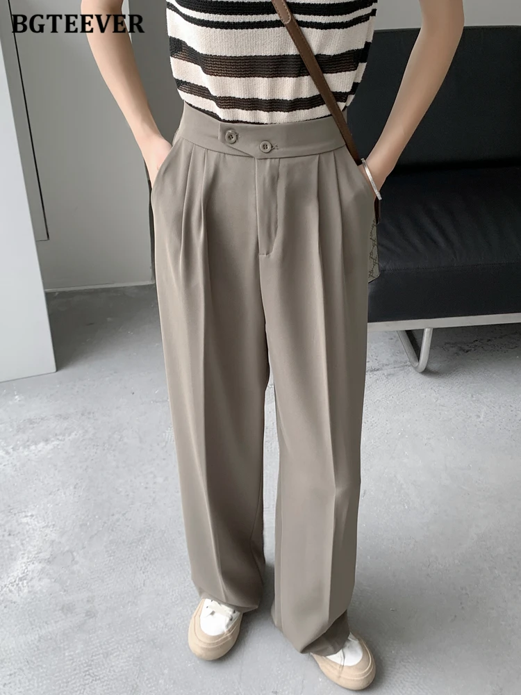 BGTEEVER Spring Summer High Waist Buttons Ladies Suit Pants Elegant Loose Pockets Long Wide Leg Trousers for Women