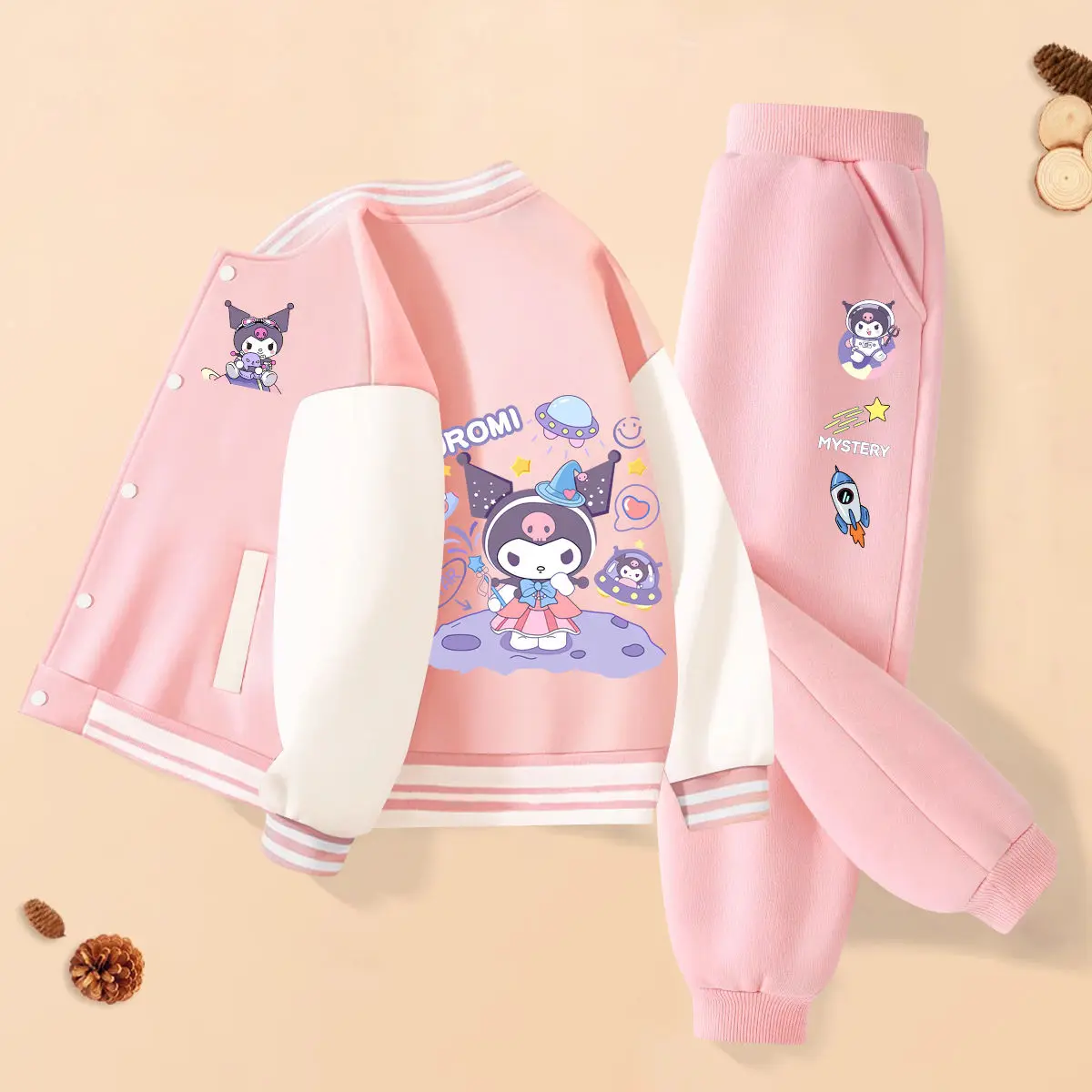 SANRIO Kuromi Cinnamoroll ชุดสองชิ้นเด็กผู้หญิง, 2024ใหม่ชุดเบสบอลกางเกงโมเดลเด็กผู้หญิง My Melody Cloth