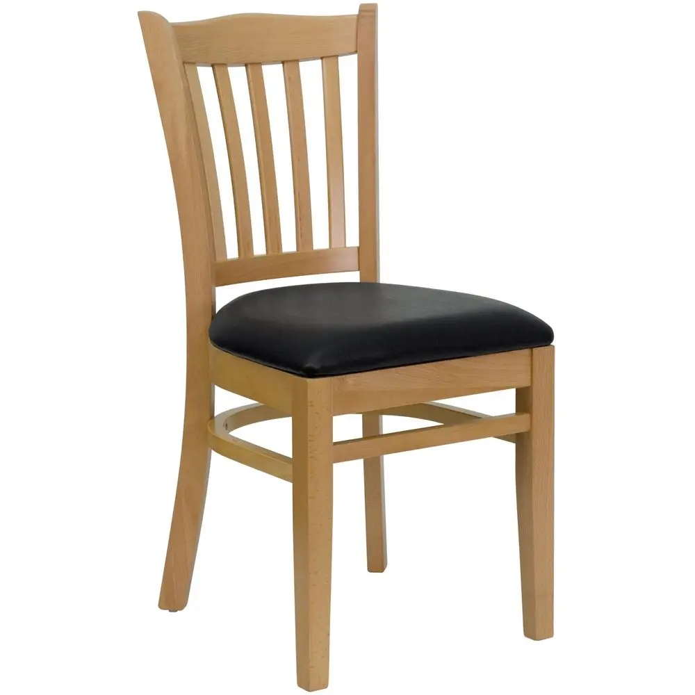 

2 Pk. HERCULES Series Vertical Slat Back Natural Wood Restaurant Chair Black Vinyl Seat