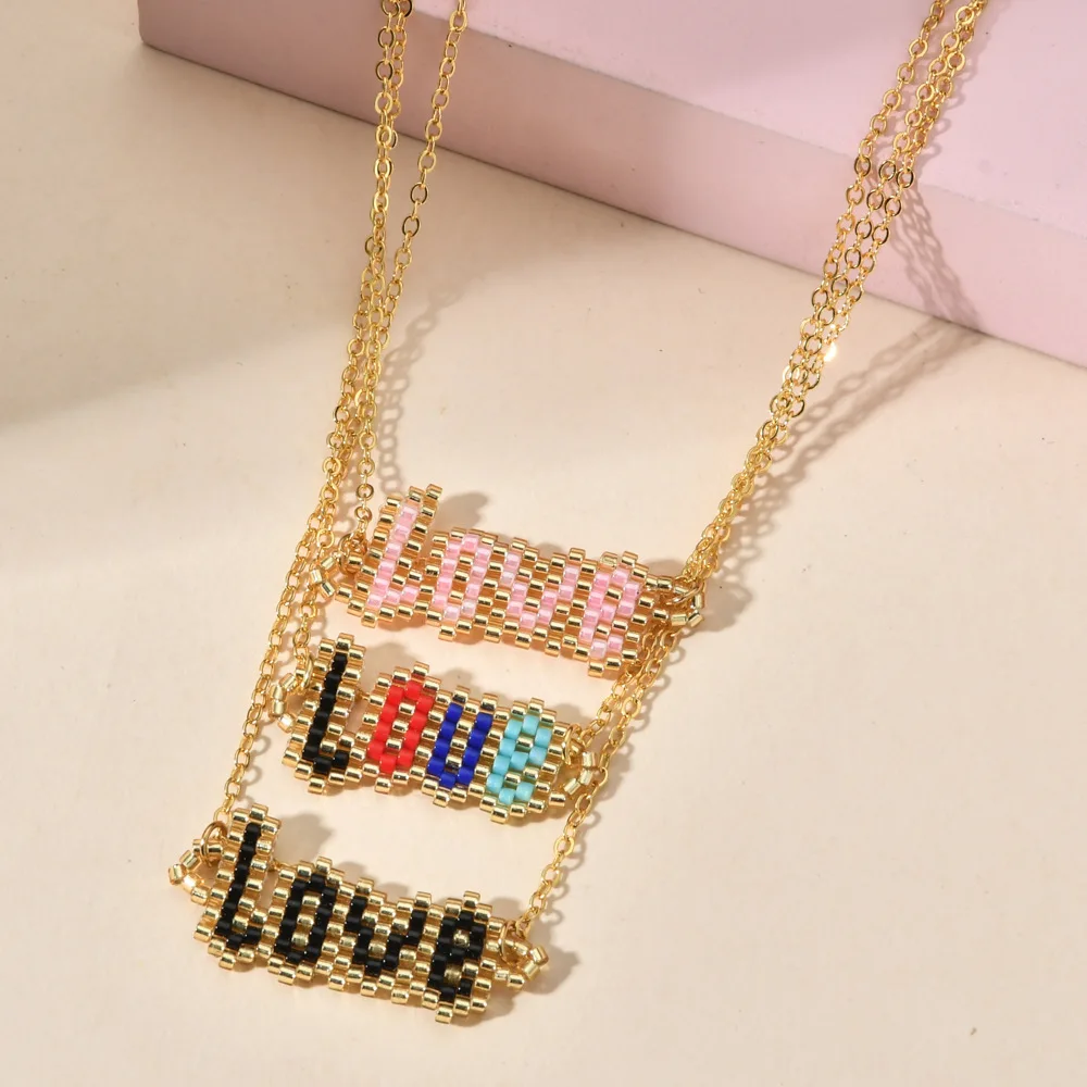 

Rice bead necklace Originality LOVE letter Hand knitting Design Pendant Bohemia Fashion Simple Female Adjustable Beaded necklace