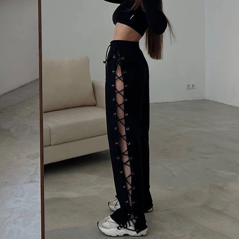2025 Women's Fashion Solid Color Slim Side Split Straps Hollow Wide-leg Pants Women