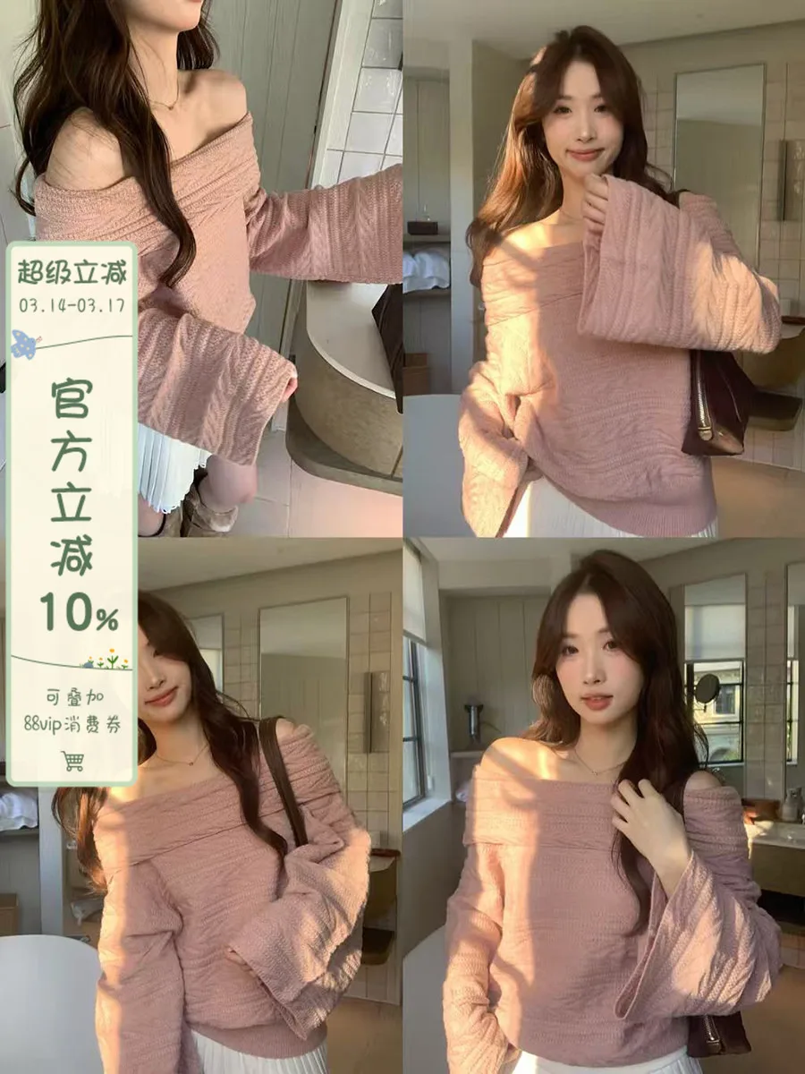 

Sinbounboun Korean Sle Knitted Sweater oulder Bared Twist Flower Texture Loose Fit Long Sve Soft Comfortable Warmth fo...