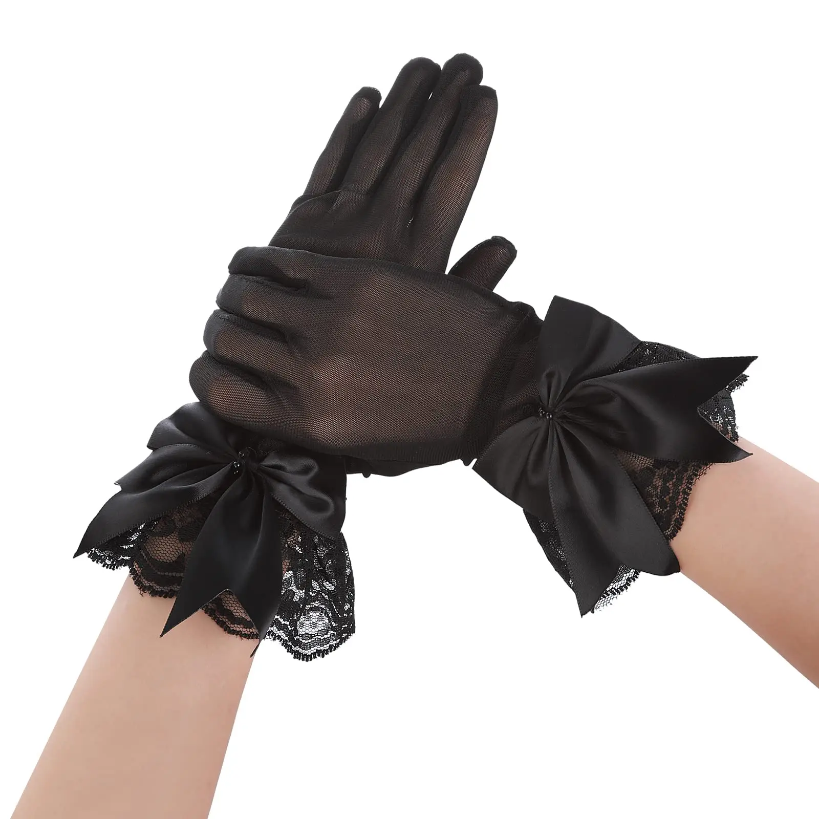 Women Black Full Fingers Gloves Tea Party  Gloves with Lace Trim Bow knot  for Valentine's Day Wedding Party Cosplay Accessories