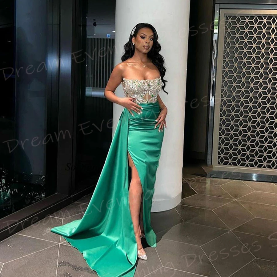 Fascinating Mermaid Pretty Women's Evening Dresses Classic Strapless Sleeveless Prom Gowns Side Split Beaded Vestido De Noche