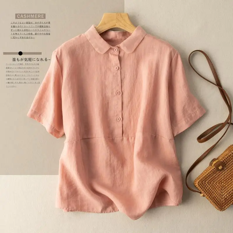 

2024 New Summer High Waist Loose Casual Office Lady Chinese Style Women's Shirt Retro Solid Color Button Lapels Short Sleeve Y2K