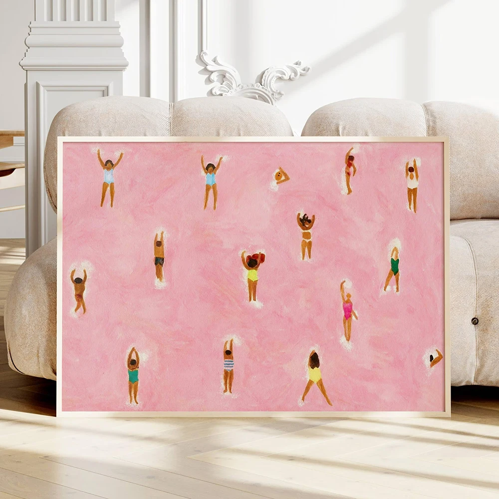 Tiny Swimmers at pool Art Print, Minimalist Tiny People Swimming in Pink Beach Painting, Girly Wall Art, Aerial Beach Print