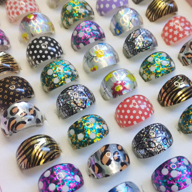 20pcs Punk Geometric Round Resin Rings For Children Leopard Dot Stripe  Acrylic Glitter Finger Ring Female Fashion Party Jewelry