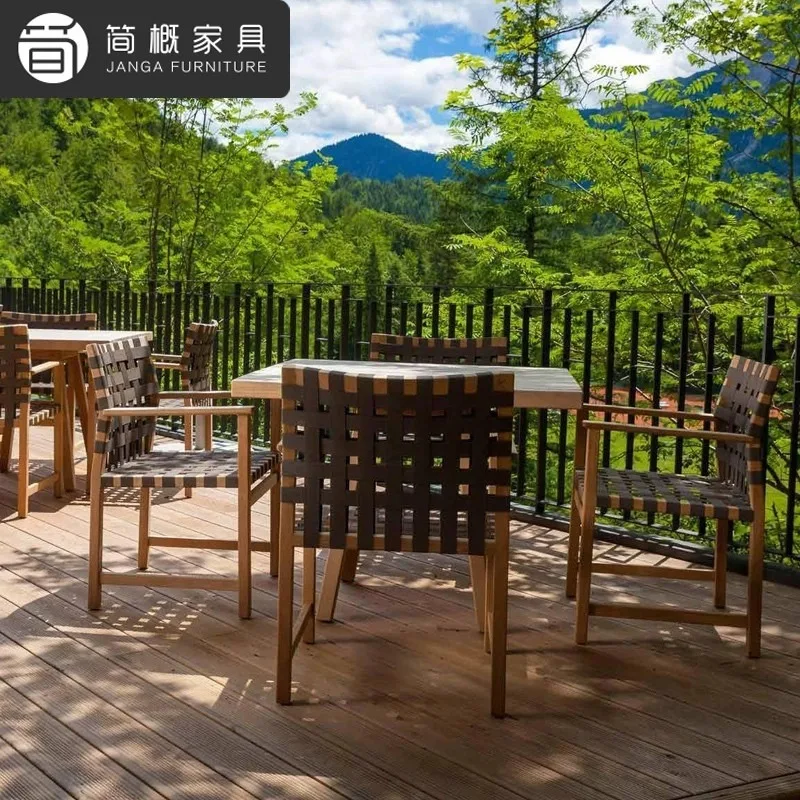High-end solid wood dining chair outdoor villa balcony tea table and chair combination leisure hotel homestay rattan teak table