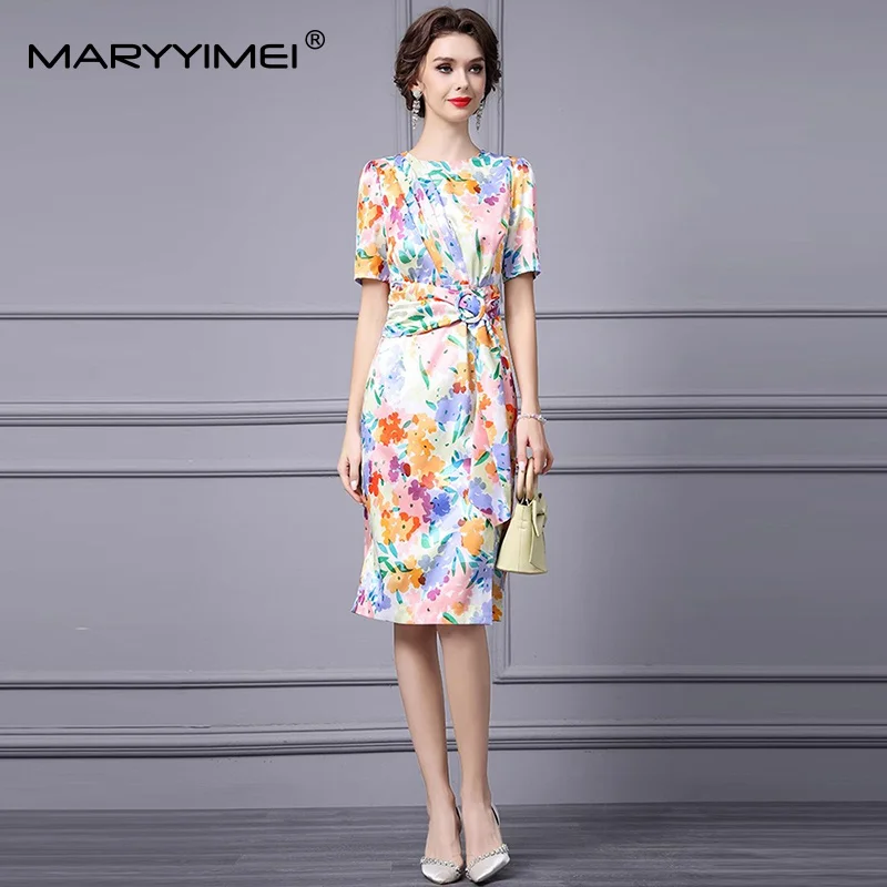 

MARYYIMEI Fashion design Women's Dress Short-sleeve Elegant Chic Print Lace-Up Side Split Slim-Fit Hip Wrap Dresses