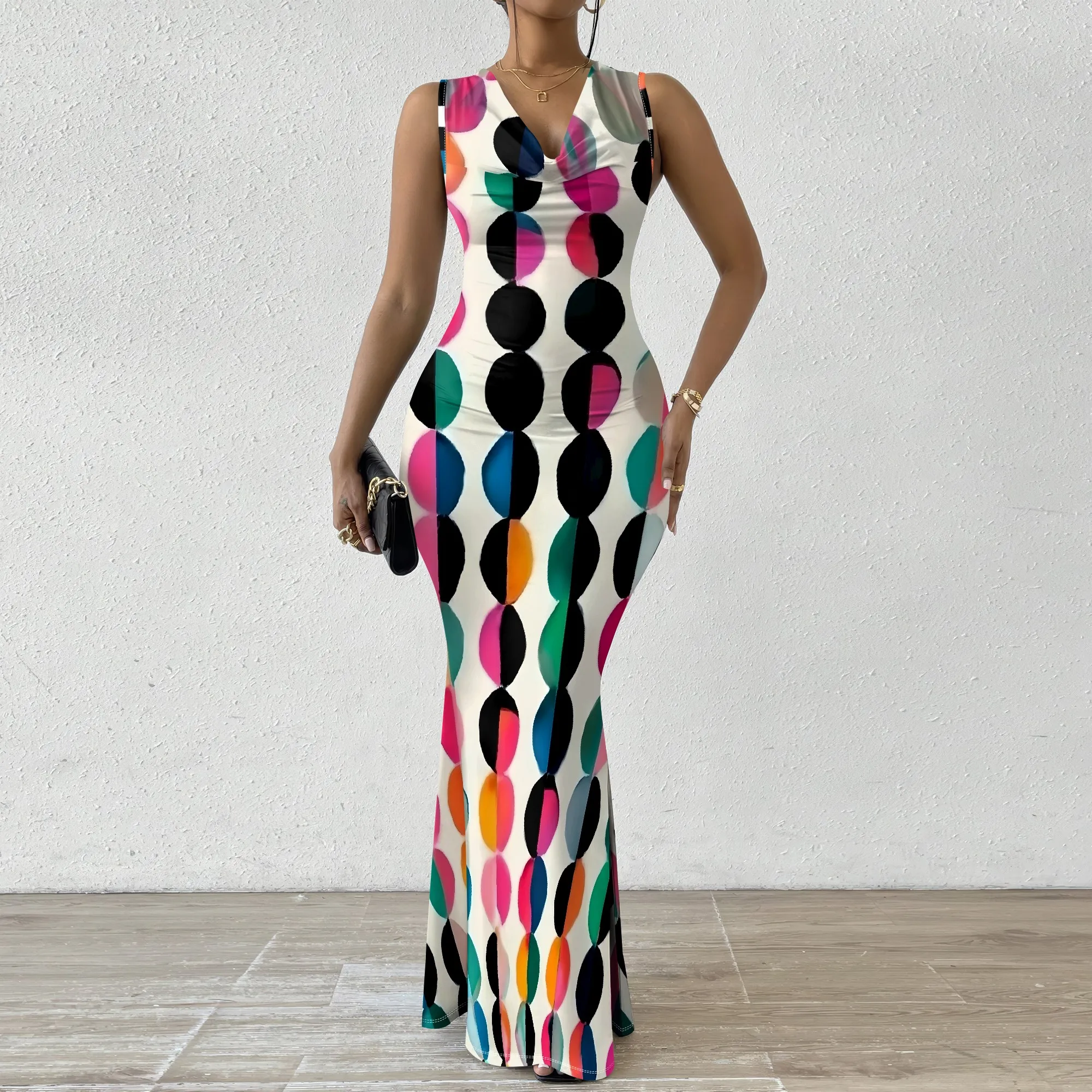 

Women's Colorful Polka Dot Maxi Dress Cowl Neck Slim Fit Bodycon Mermaid Summer Party Vacation Gown Carnival