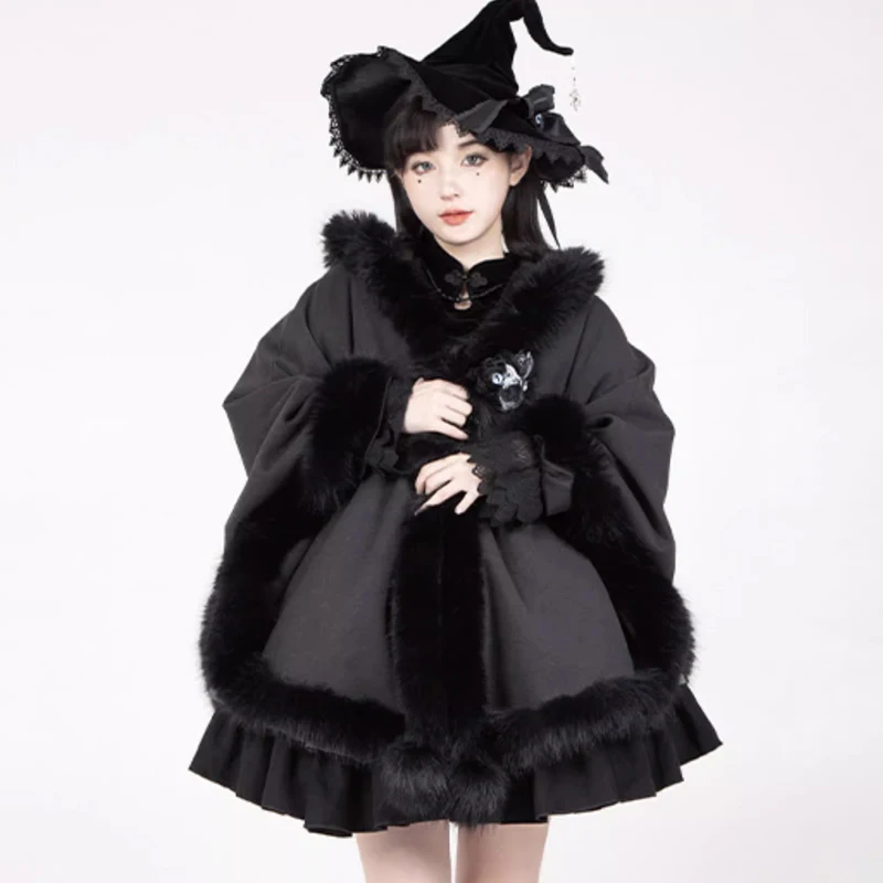 

Gothic Halloween Cosplay Plush Coat Cloak Autumn/winter Warm Lolita Sweet Girl Black Furry Hooded Cloak Loose Shawl Outerwear
