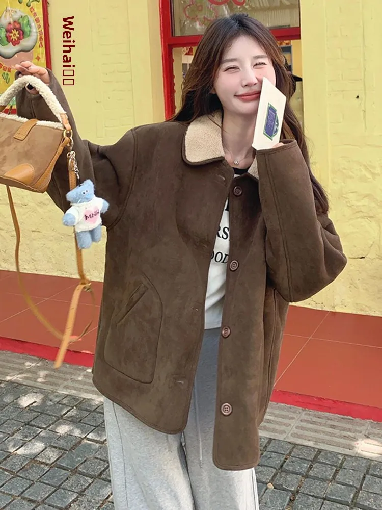 Damski płaszcz z owczej skóry i futra, dwustronny, zimowy, w stylu vintage, z ciepłym kołnierzem, skórzano-futrzany, zapinany na guziki, długi...