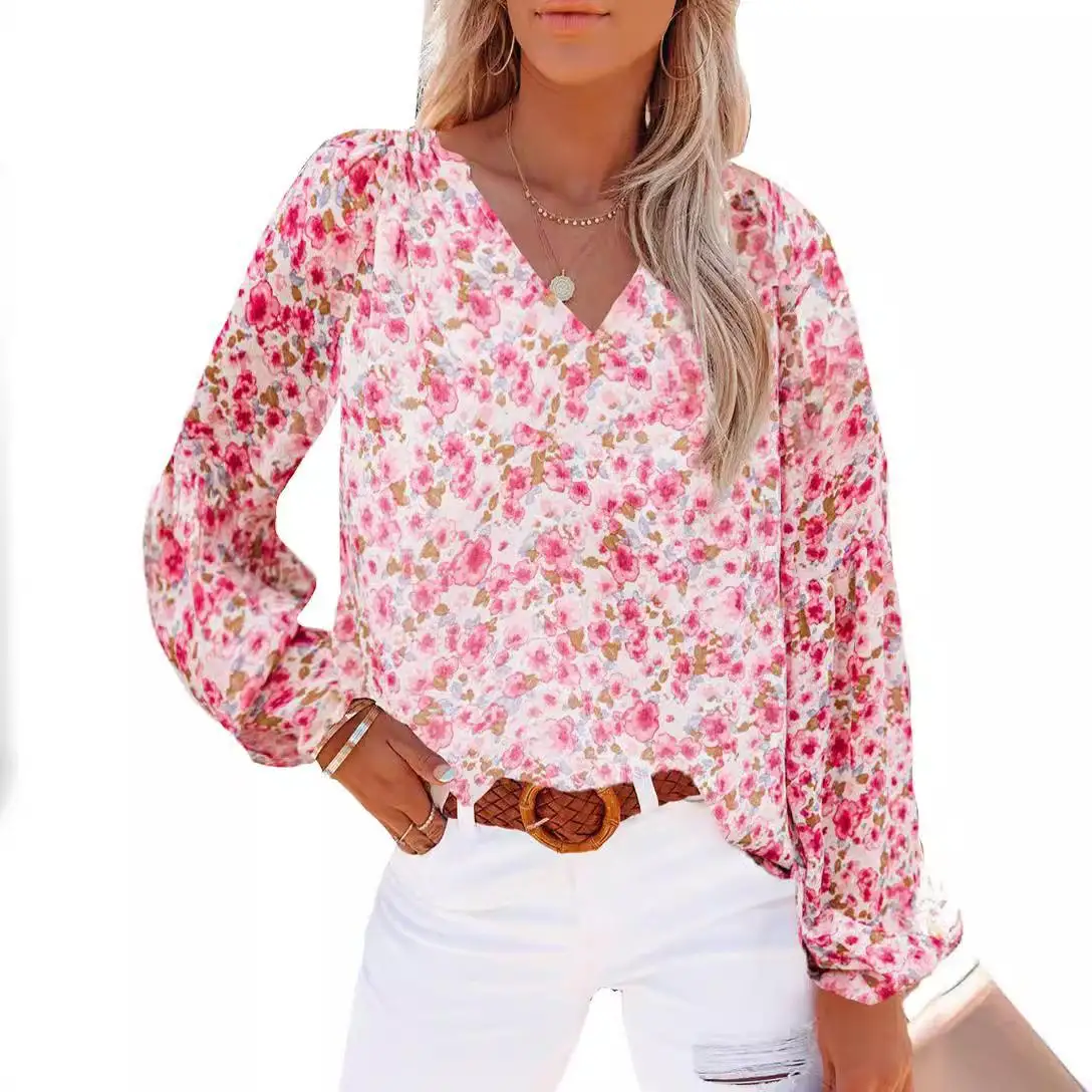 Imprimé fleuri femmes lanterne Sve irt coupe ajustée Polyester ort Sve T-irt printemps saison dames Faion tenue décontracté