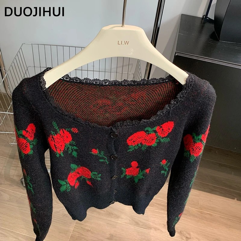 DUOJIHUI Vintage Square Neck Chicly Floral Women Cardigan French Autumn New Sweet Fashion Single Breasted Simple Female Cardigan