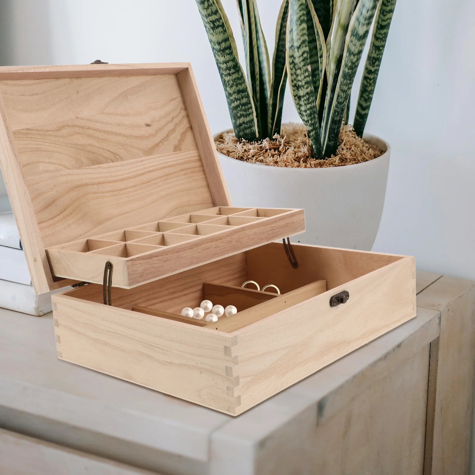 Unfinished Jewelry Box DIY Wooden Trinket Box Wood Storage Box Keepsake Jewelry Box with Locking Clasps for  Rings Earrings Neck